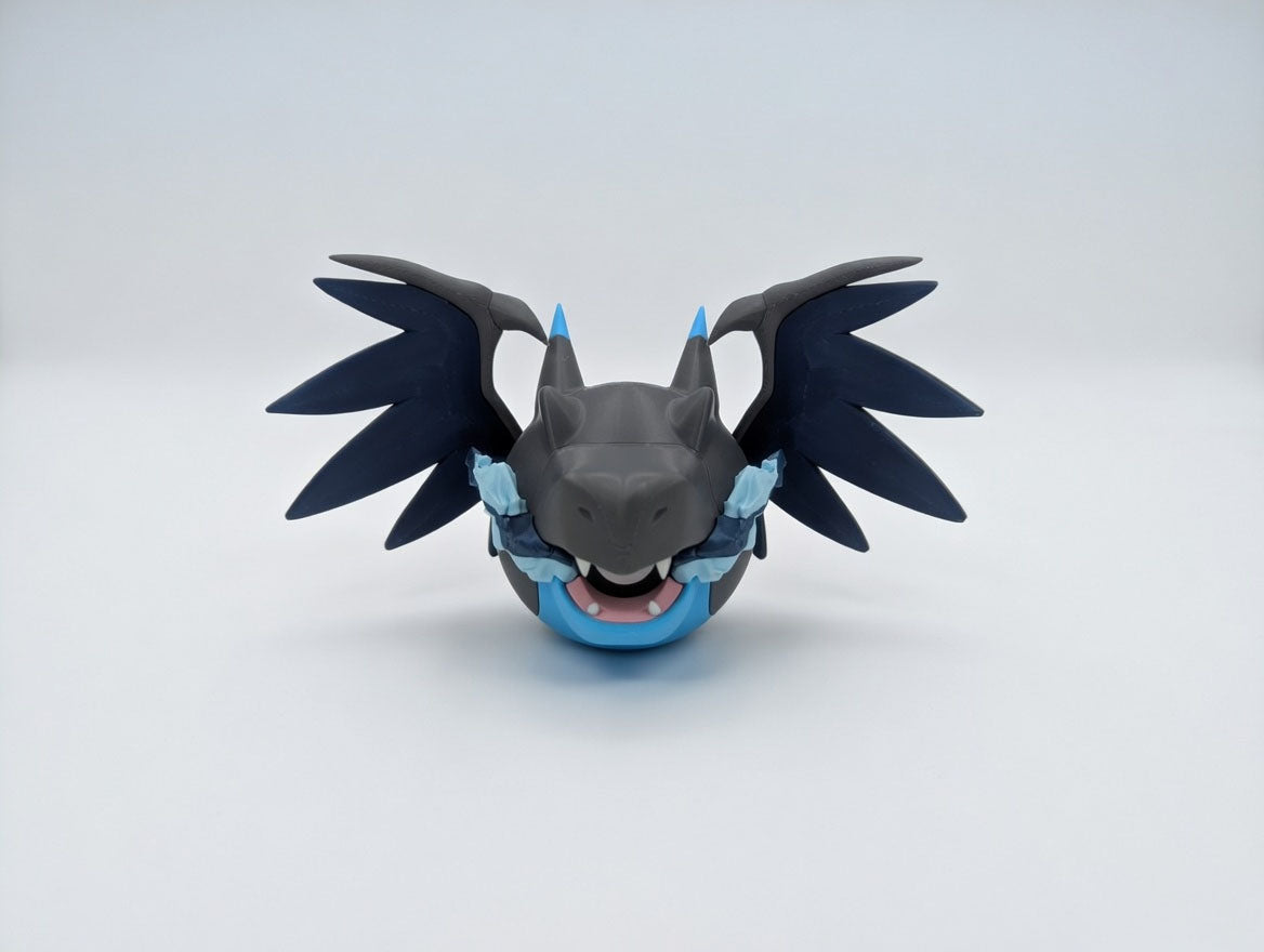 Mega Charizard character ball 3D printed display collectible in grey and blue minimalist sphere design
