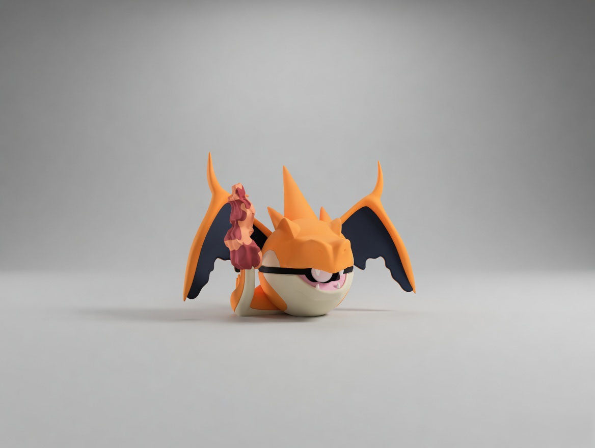 Mega Charizard Y character ball 3D printed display collectible in orange and dark blue minimalist sphere design