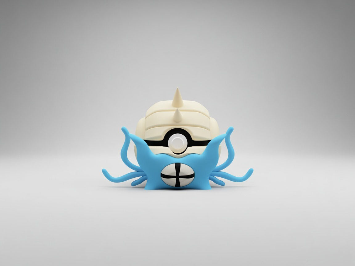Omastar character ball 3D printed display collectible in blue and tan minimalist sphere design