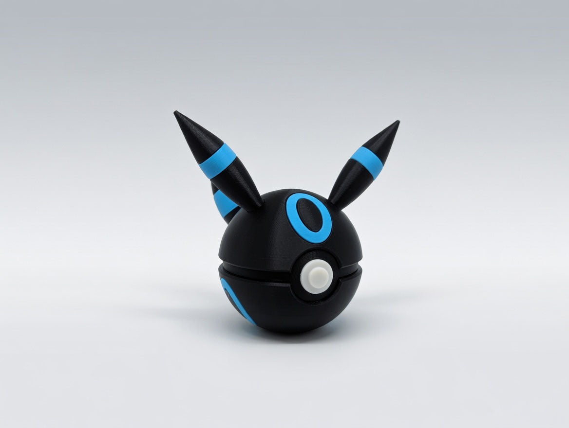 Umbreon Shiny character ball 3D printed display collectible in black and light blue minimalist sphere design