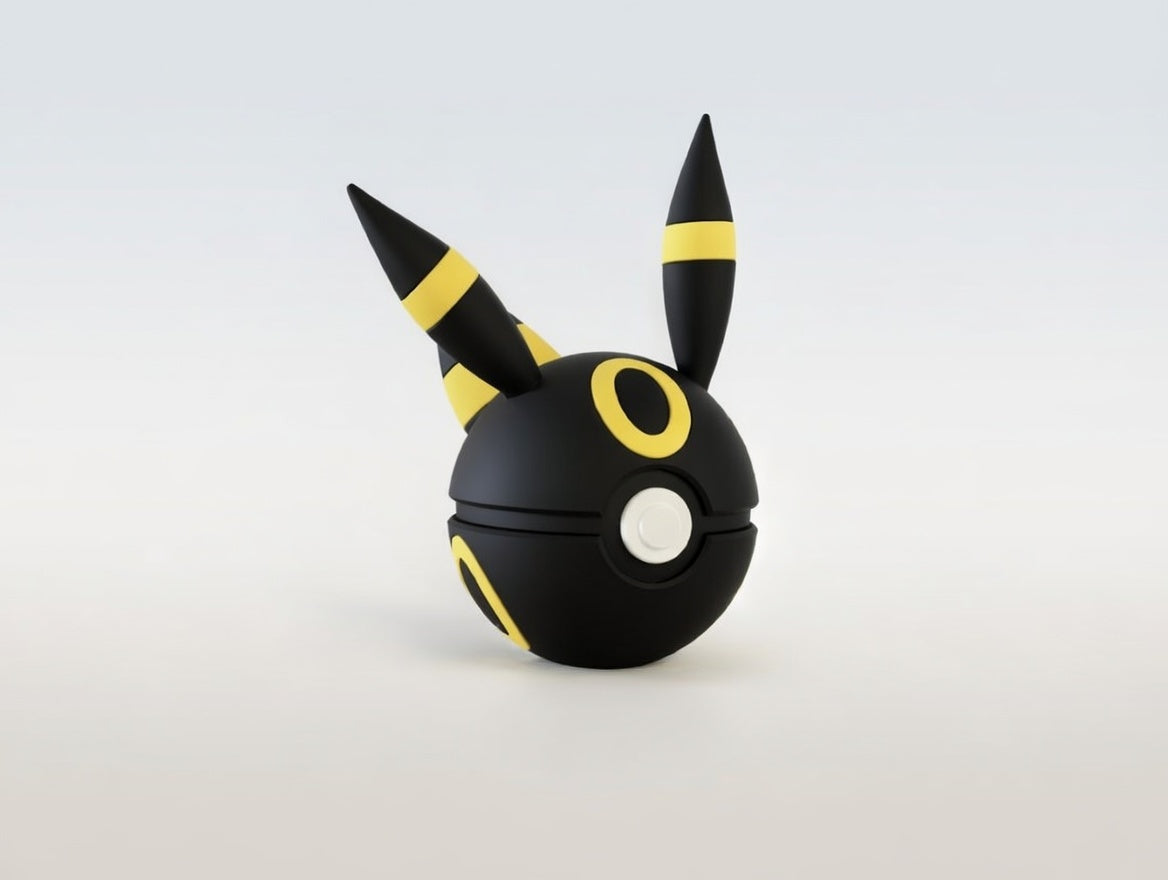 Umbreon character ball 3D printed display collectible in black and light yellow minimalist sphere design