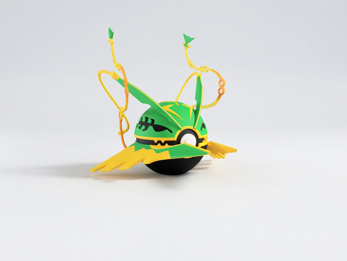 Mega Rayquaza character ball 3D printed display collectible in green and black minimalist sphere design