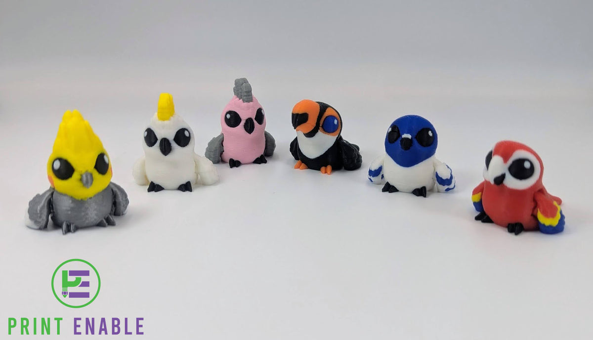Bird Hatchling articulated 3D printed fidgets shown in multiple colourful bird-inspired designs