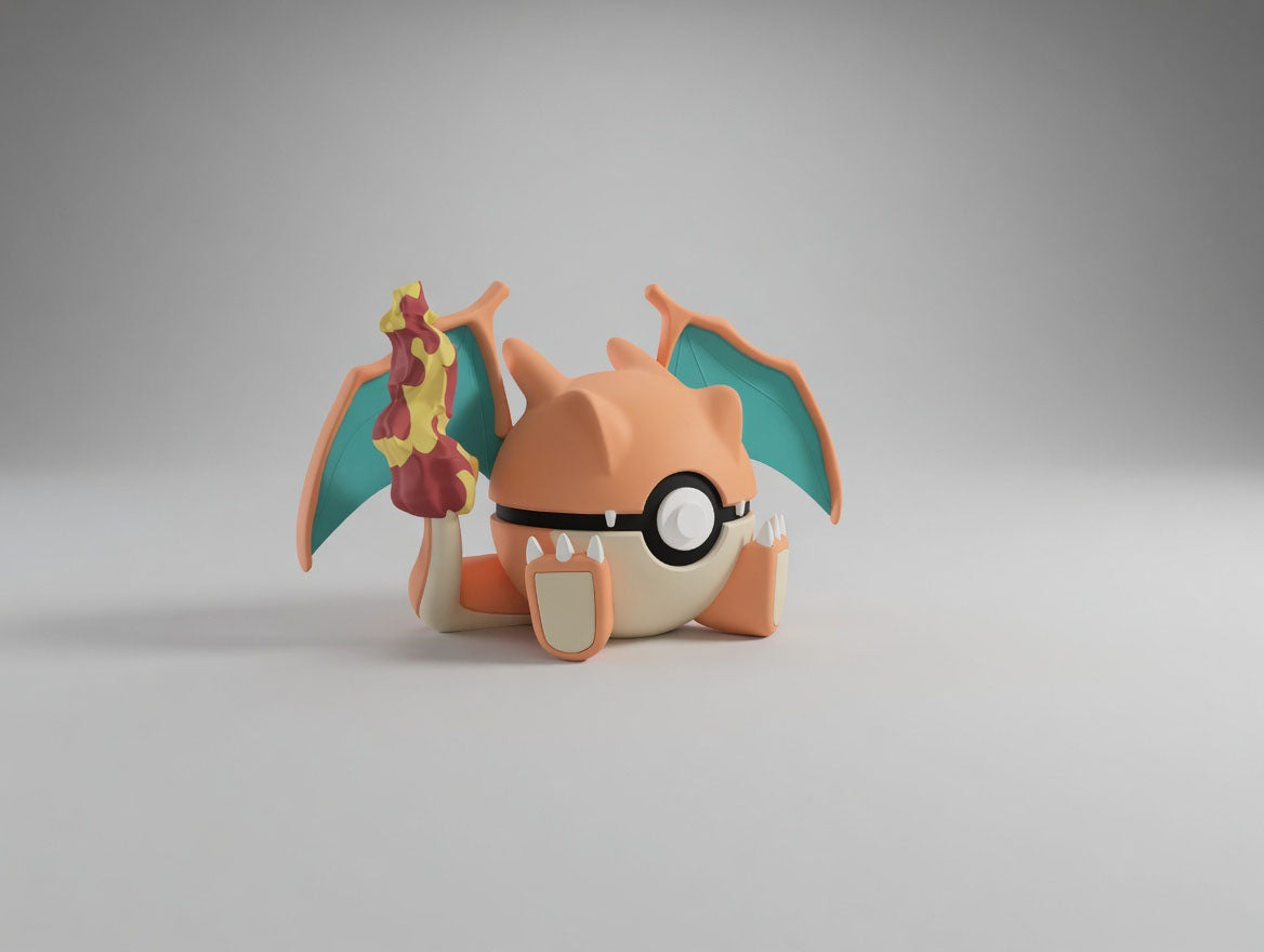 Charizard character ball 3D printed display collectible in orange and teal minimalist sphere design