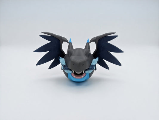 Mega Charizard character ball 3D printed display collectible in grey and blue minimalist sphere design