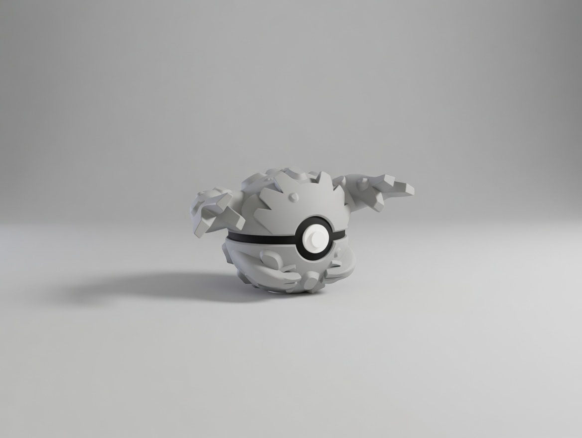 Graveler character ball 3D printed display collectible in grey and black minimalist sphere design