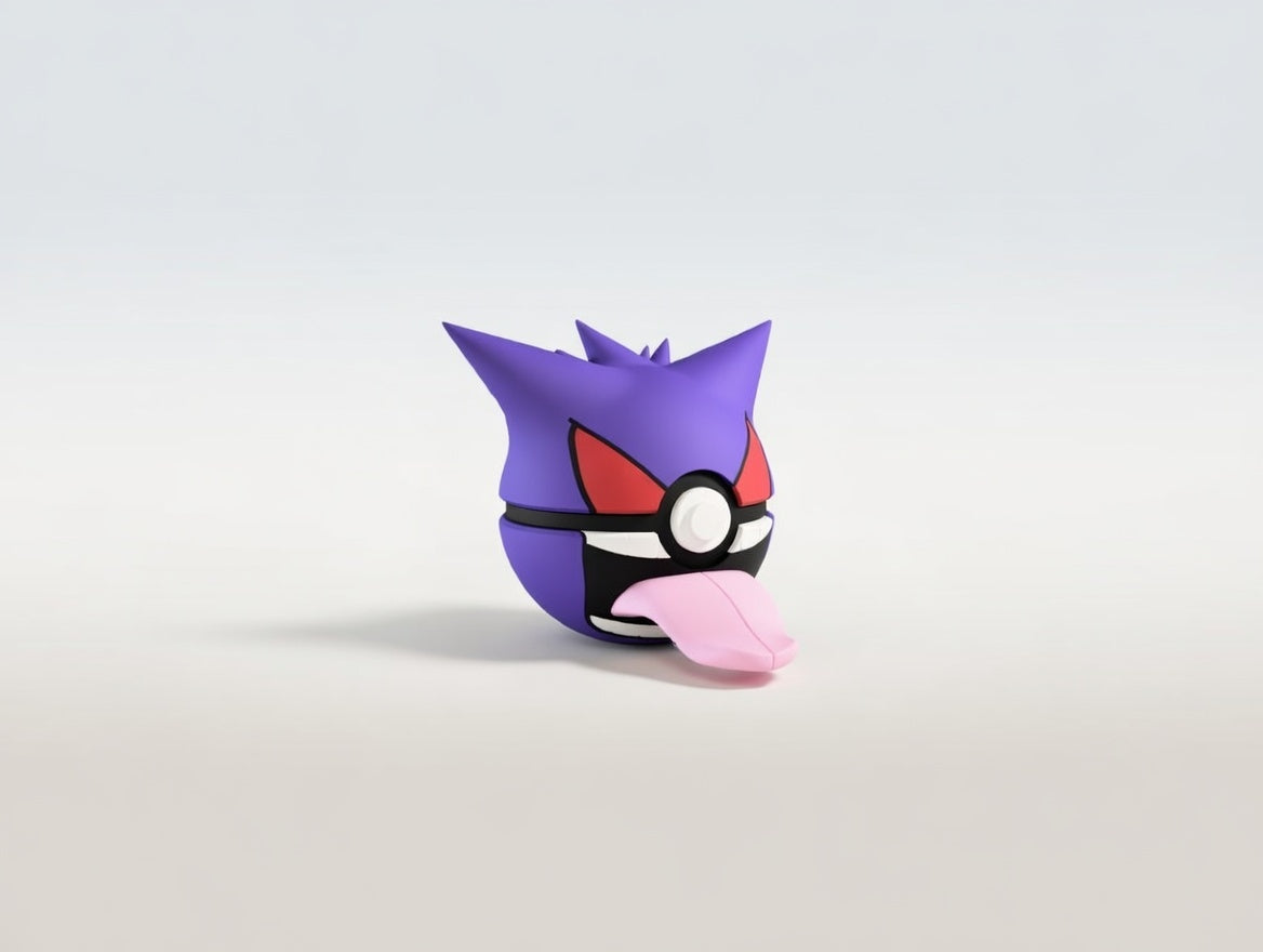 Gengar character ball 3D printed display collectible in purple and black minimalist sphere design