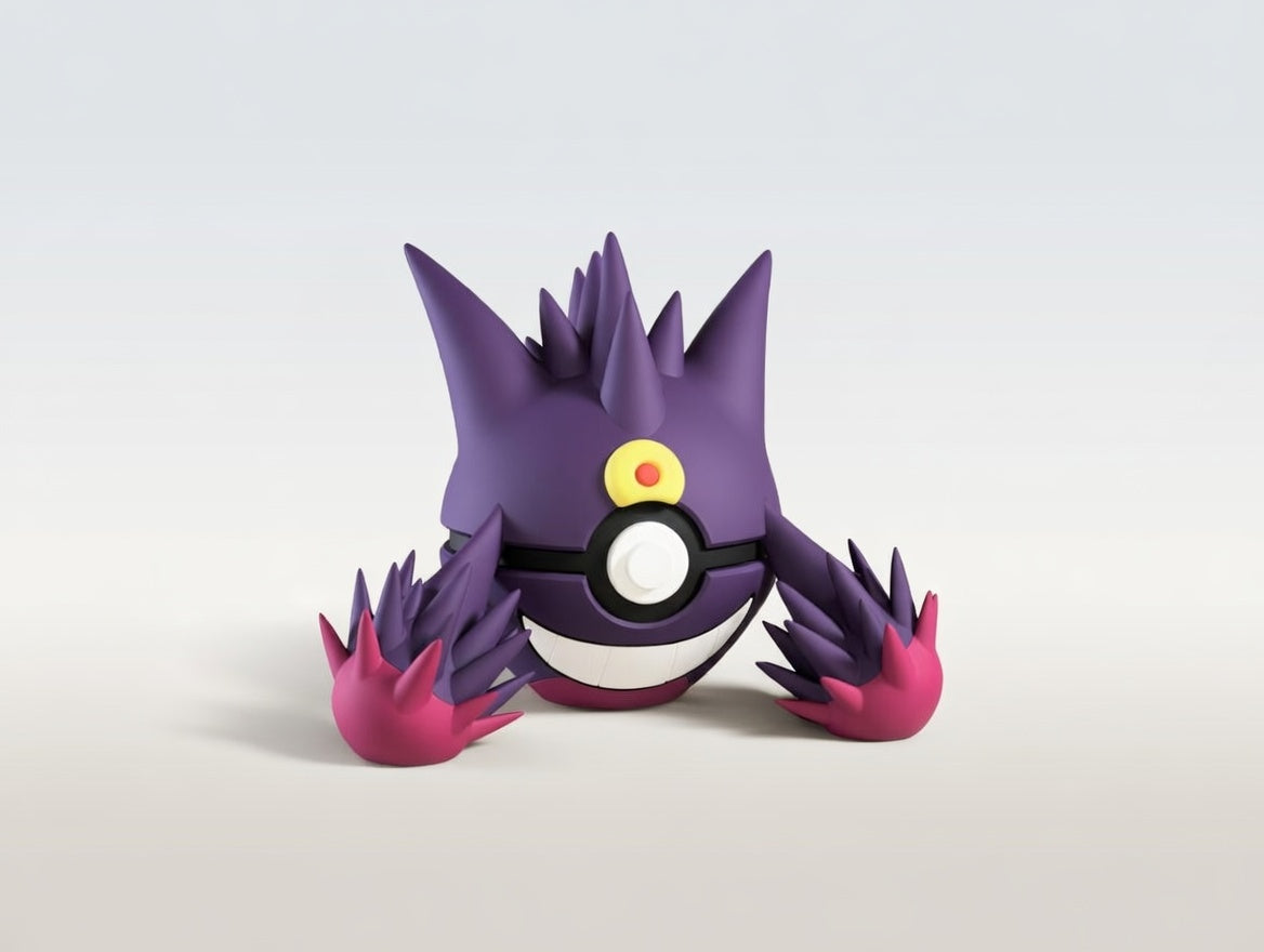 Mega Gengar character ball 3D printed display collectible in purple and black minimalist sphere design