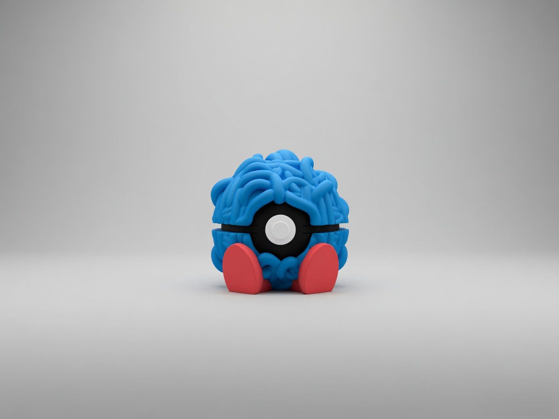 Tangela character ball 3D printed display collectible in blue and red minimalist sphere design