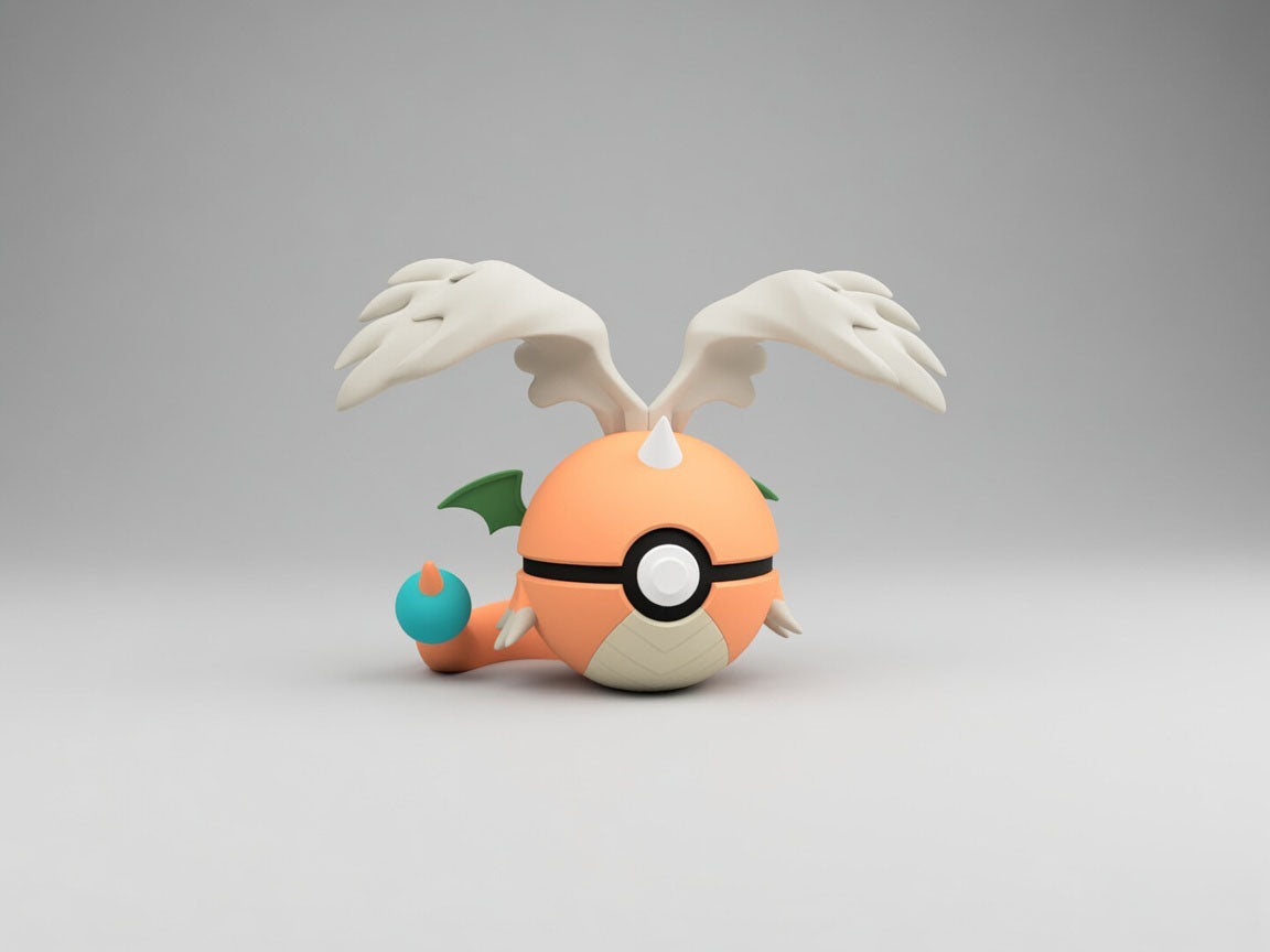 Mega Dragonite character ball 3D printed display collectible in orange and white minimalist sphere design