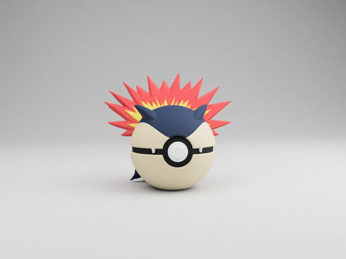 Typhlosion character ball 3D printed display collectible in dark blue and beige minimalist sphere design