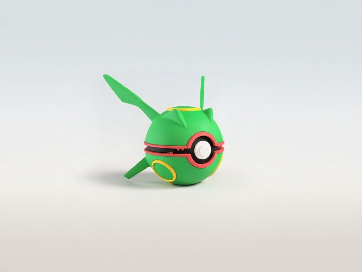 Rayquaza character ball 3D printed display collectible in green and red minimalist sphere design