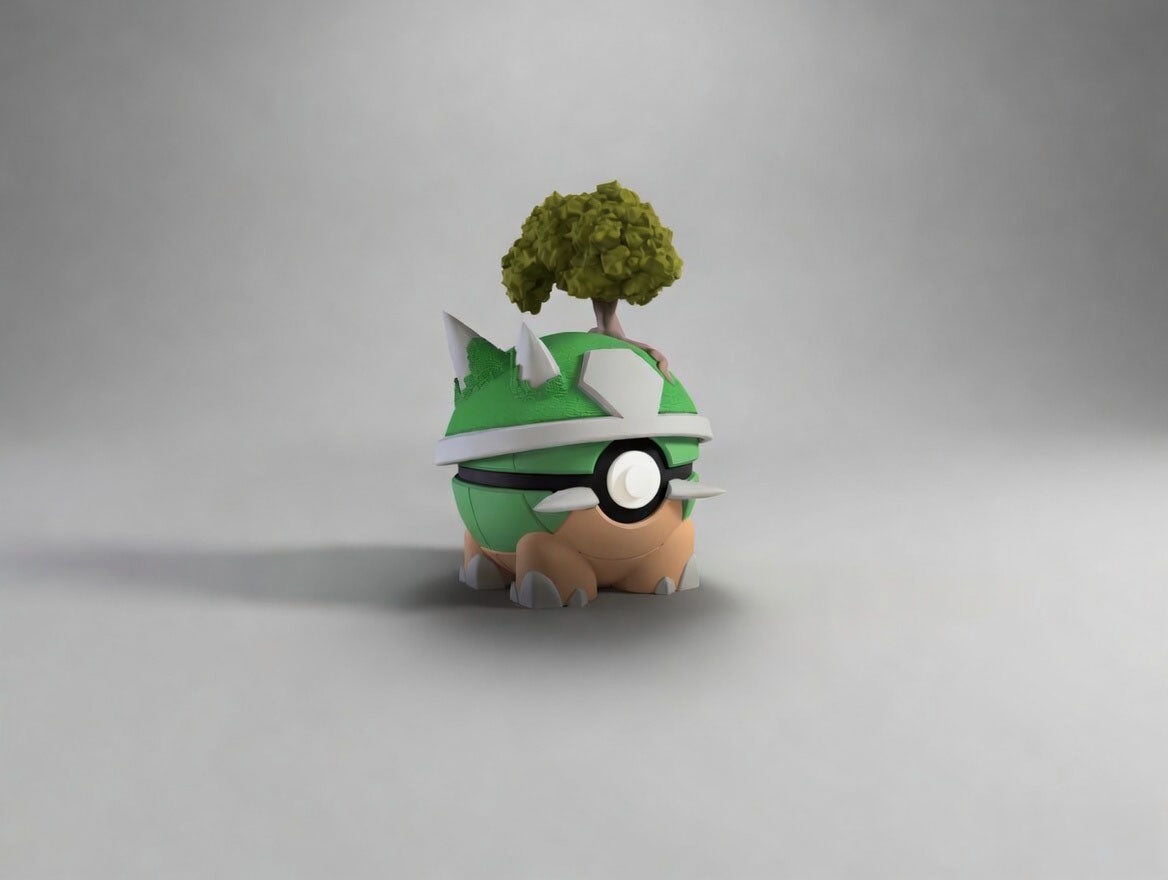 Torterra character ball 3D printed display collectible in green and grey minimalist sphere design