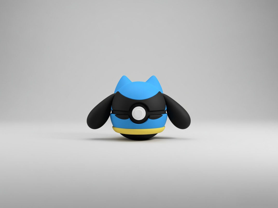Riolu character ball 3D printed display collectible in blue and black minimalist sphere design