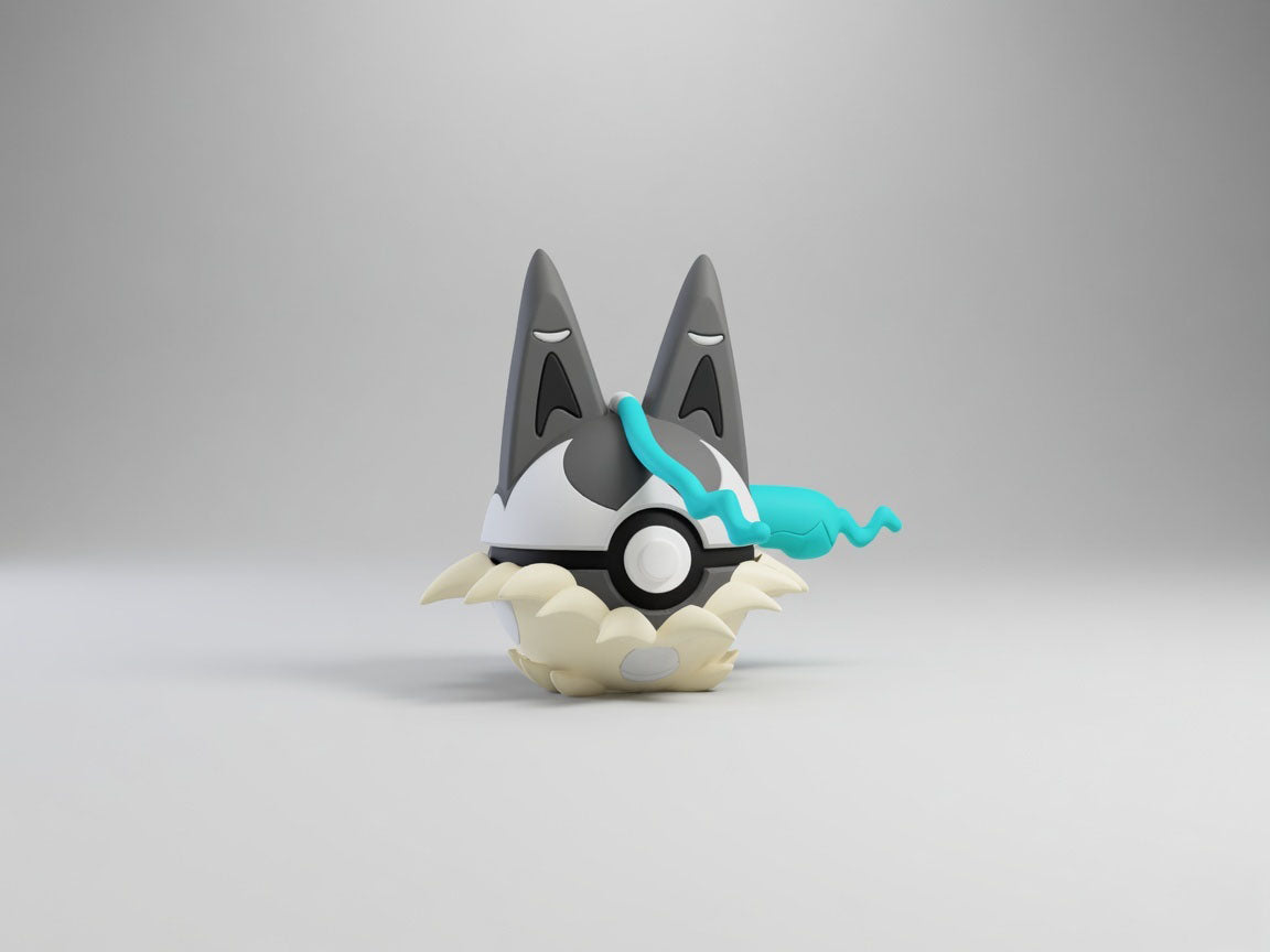 Mega Lucario Z character ball 3D printed display collectible in grey and turquoise minimalist sphere design