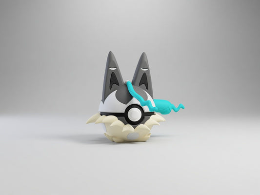 Mega Lucario Z character ball 3D printed display collectible in grey and turquoise minimalist sphere design