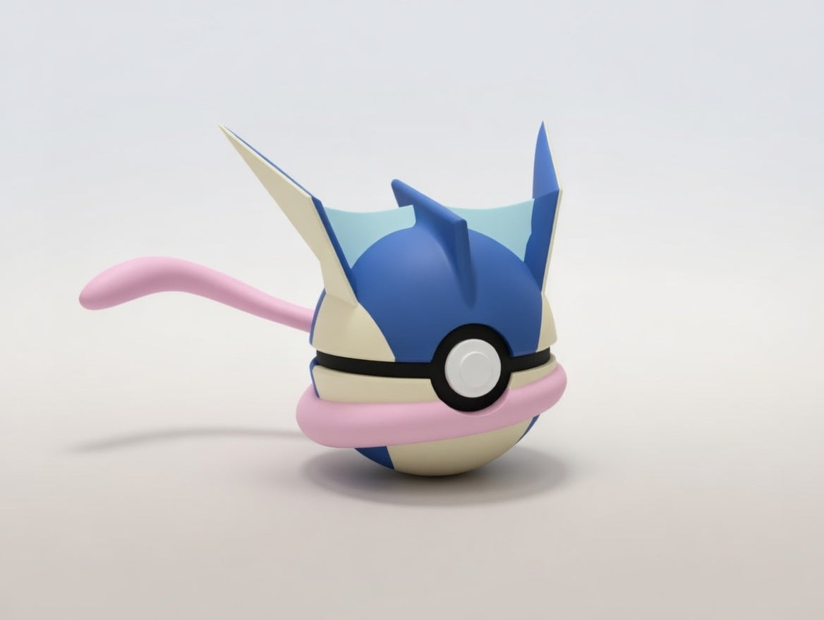 Greninja character ball 3D printed display collectible in blue and tan minimalist sphere design