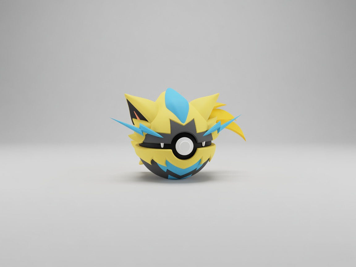 Zeraora character ball 3D printed display collectible in yellow and grey minimalist sphere design