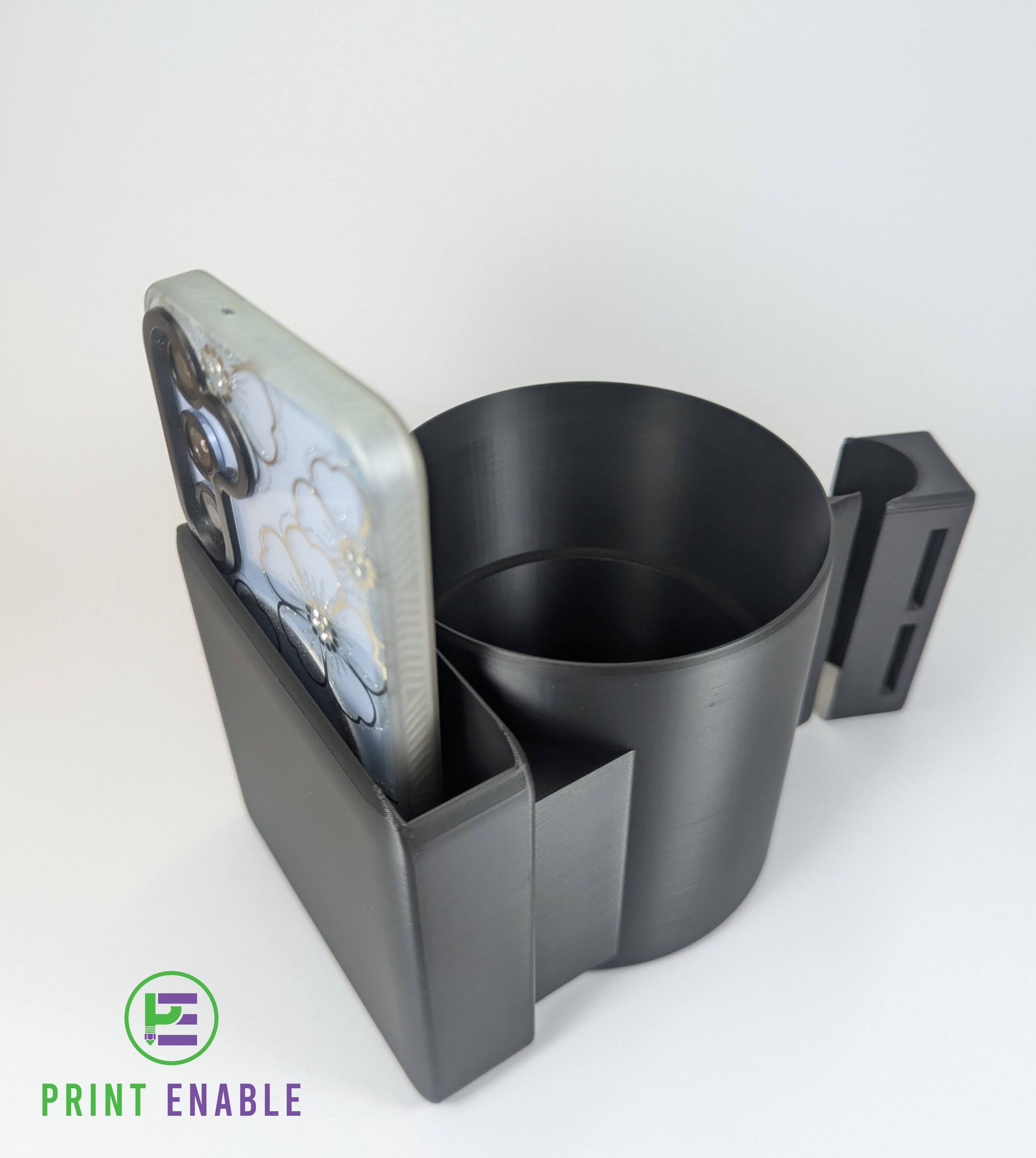 Wheelchair cup holder with phone holder slot for convenient access