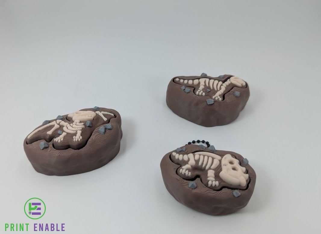 Dinosaur Fossil 3D printed clickers featuring detailed dinosaur skeletons embedded in rocky fossil beds.