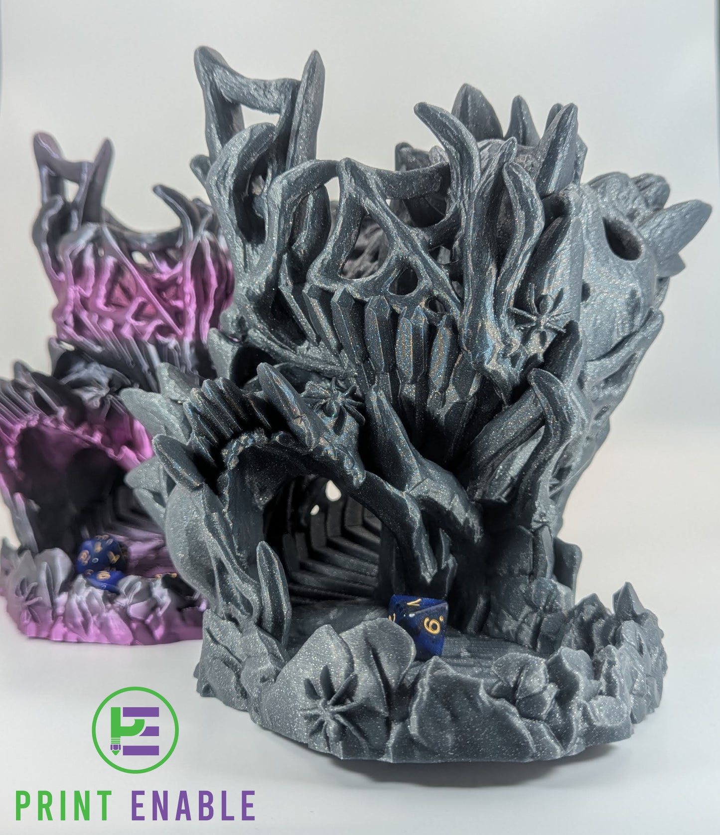 Nightmare Dice Tower featuring skull, crystal and spider details for tabletop gaming