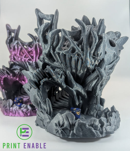 Nightmare Dice Tower featuring skull, crystal and spider details for tabletop gaming