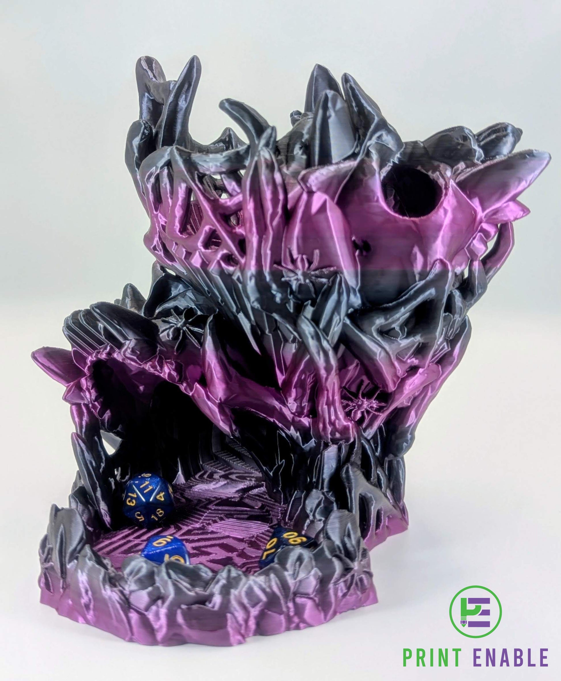 Purple and grey Nightmare Dice Tower for Dungeons and Dragons gameplay