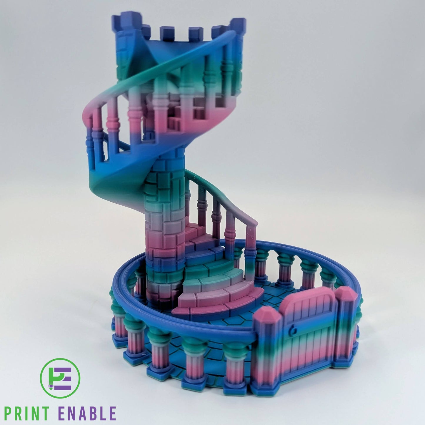 Fantasy-inspired Staircase Dice Tower with enclosed rolling area and architectural details
