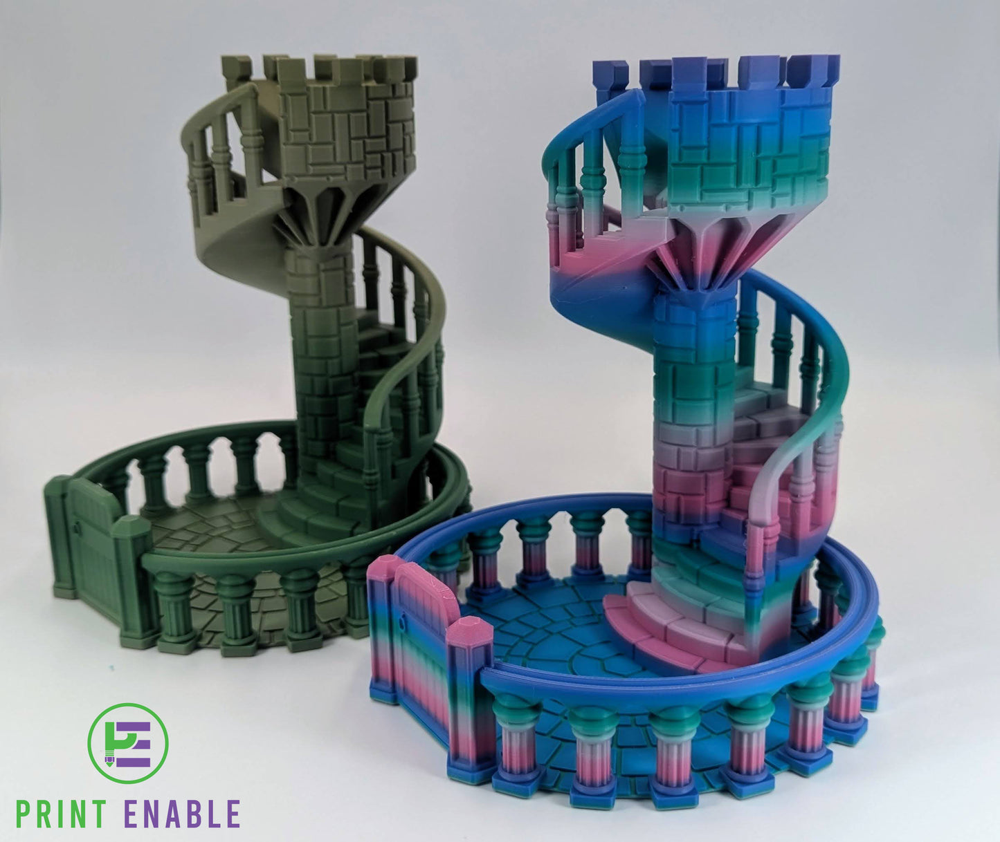 Staircase Dice Tower featuring a detailed spiral staircase and castle battlements