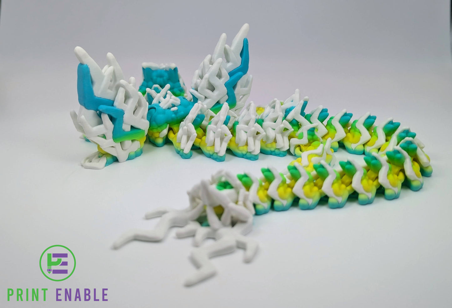 Full body view of an articulated Storm Dragon displaying lightning-inspired details from head to tail.